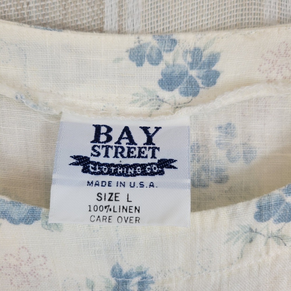 Vintage Bay Street Linen Blouse Top Floral White Blue Size Large Boxy Fit Boho - Picture 4 of 10